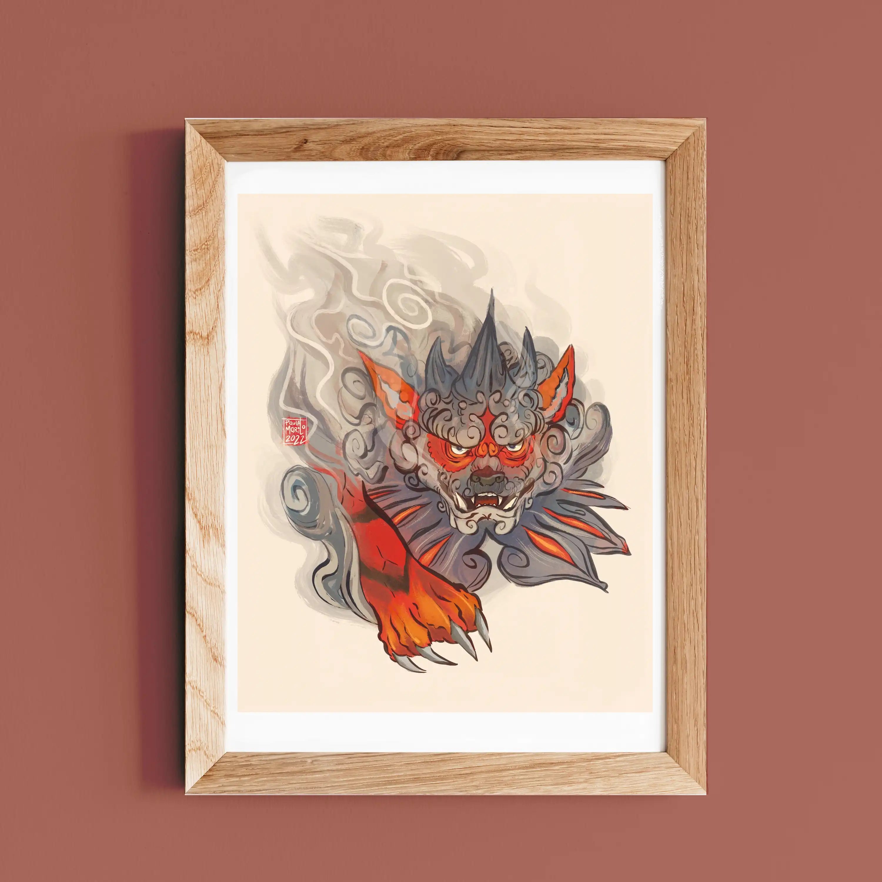 A Japanese style print of the Pokemon Hisuian Arcanine in a menacing pose in a beige background.