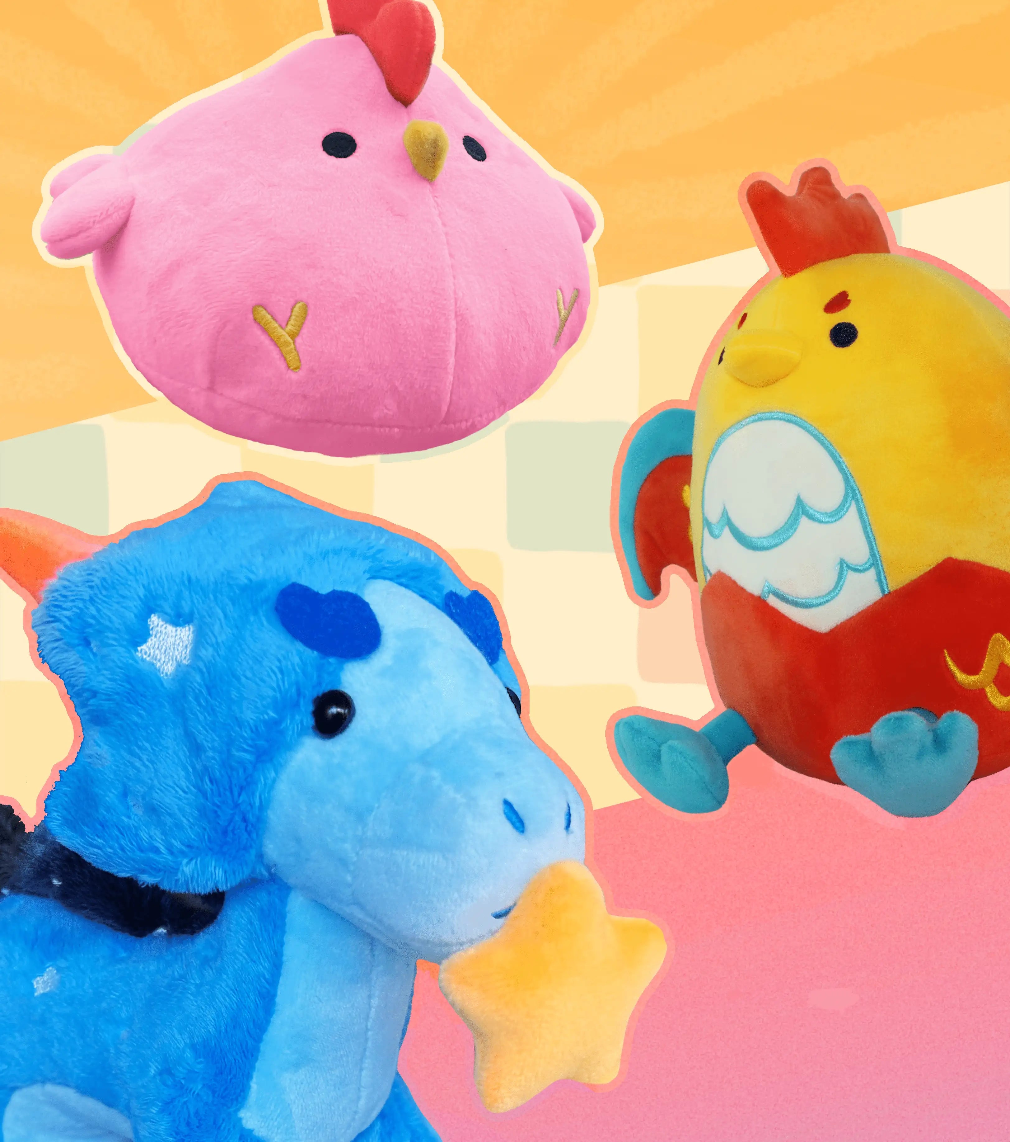 Colorful plush toys including a pink round chicken, a yellow basilisk with red and blue wings, and a blue dragon holding a star, against a pastel background.