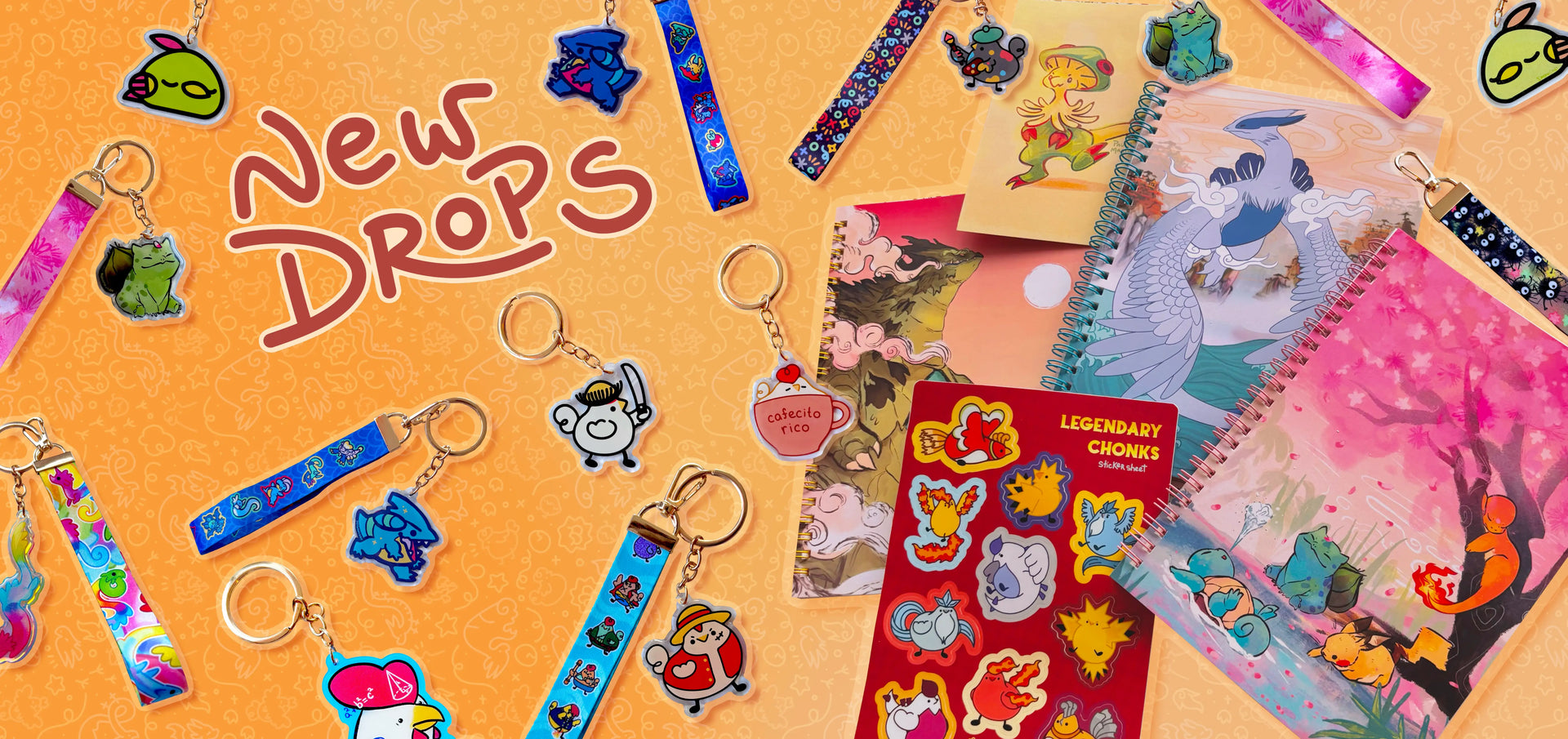 Banner showing colorful keychains, sticker sheets and sticker books with text announcing new drops from Dragon Coop, featuring cute fantasy creature and chicken designs.
