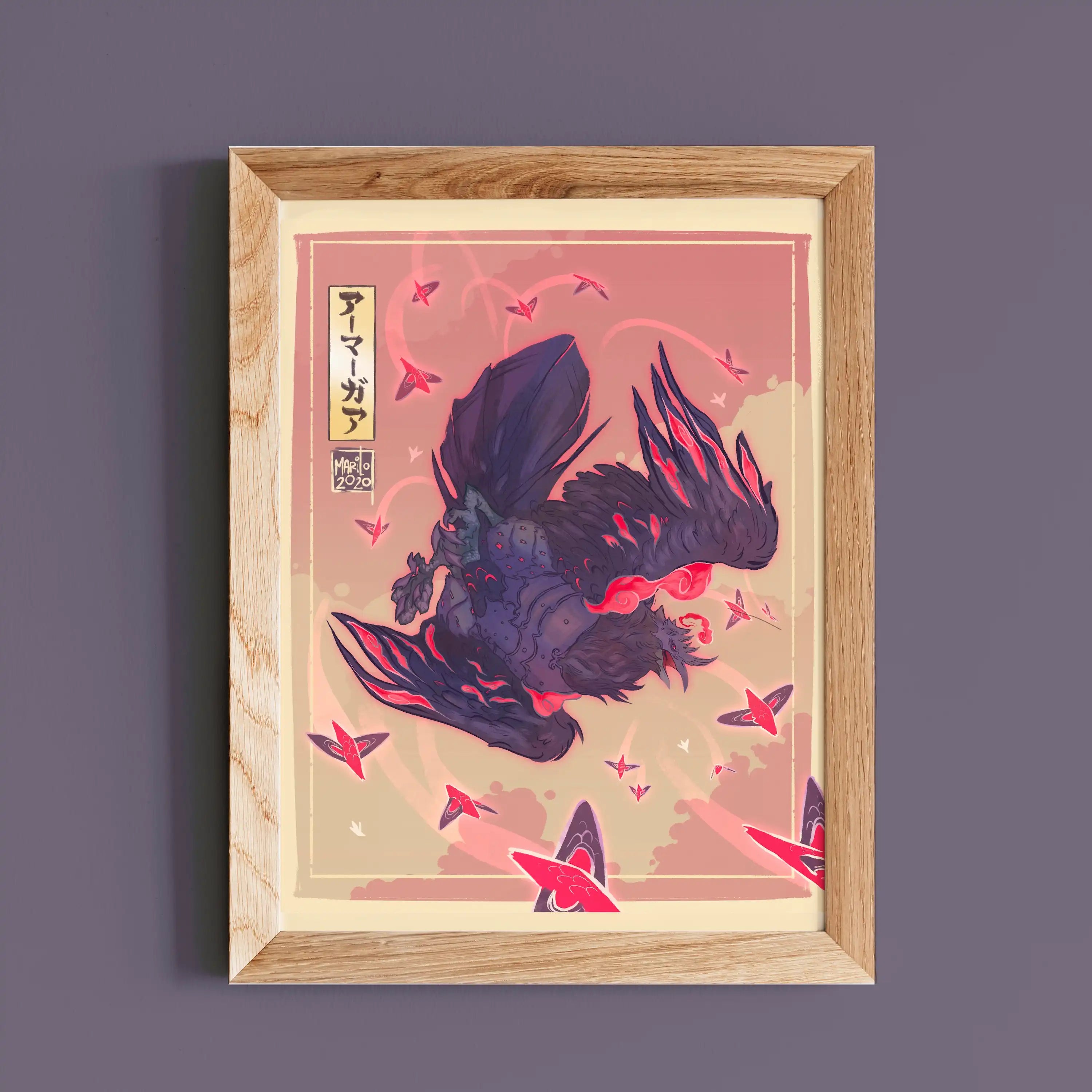 A Japanese style print of the Pokemon Gigantamax Corviknight flying in the sky. The Pokemon's name is written in Katakana in a corner.